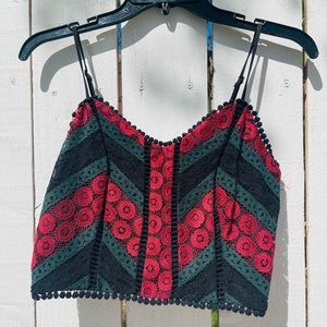 Women Black, Red and green Floral lace crop top.